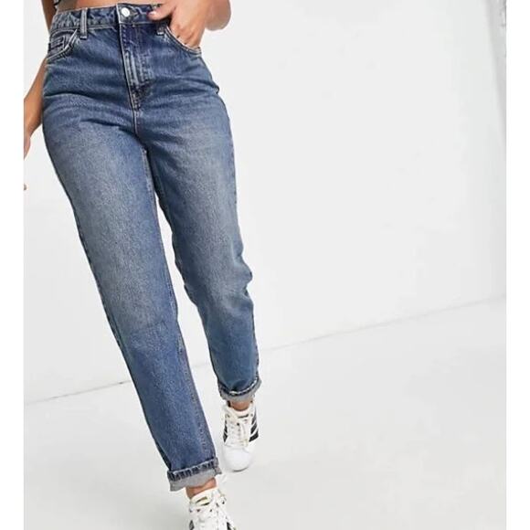 Topshop Original High Waisted Mom Jean Blue Sz 34 $74 100% Cotton 30 inseam Plus - Picture 1 of 12